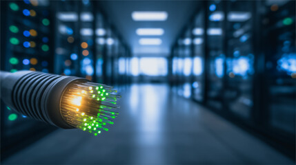 Poster - Fiber Optic Cable in a Server Room: A close-up of a fiber optic cable, highlighting its illuminated strands, placed against the backdrop of a state-of-the-art server room.