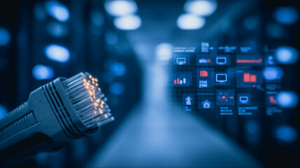 Poster - digital network connection: close-up of an ethernet cable in a server room, symbolizing the backbone