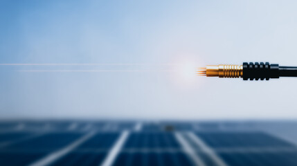 Poster - Data Cable Power Transmission: A close-up shot of a data cable carrying energy, set against the backdrop of a modern solar panel field and an expansive sky.