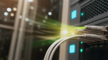 Poster - data center connectivity: a detailed shot of a server rack showcasing fiber optic cables transferrin