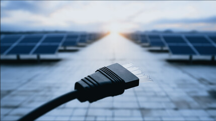 Poster - Energy's Embrace: A black power cable reaches out towards a field of solar panels bathed in the sun's radiant energy, representing the embrace of sustainable power. 