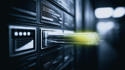 Poster - Digital Data Stream: A close-up view of server, cables, and a digital data stream, showcasing the power and speed of modern data transfer in a futuristic environment.
