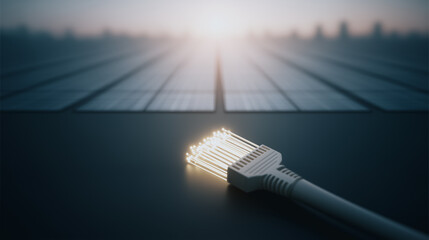 Poster - data cable connection: illuminated data cable stands in the foreground, leading towards rows of sola