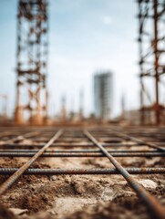 Poster - Construction of Steel Foundation Frame With Blurred Background Showing Ongoing Building Project
