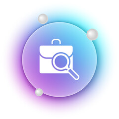 Poster - White Magnifying glass with briefcase icon isolated on white background. Job hunting. Work search concept. Unemployment, head hunting, career. Blue and purple gradient circle background. Vector