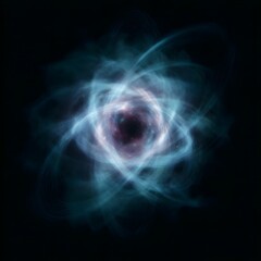 Poster - symbolic fusion of atoms emitting energy rays in holographic style