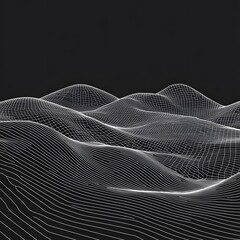 Fototapete - Abstract black and white vector grid on a dark background, a minimalistic representation of gravity waves or warping space over the landscape.