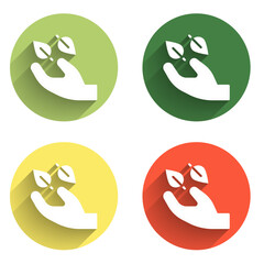 Poster - Set Tea leaf in hand icon isolated with long shadow background. Tea leaves. Color circle button. Vector