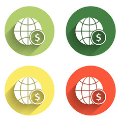 Poster - Set Earth globe with dollar symbol icon isolated with long shadow background. World or Earth sign. Global internet symbol. Geometric shapes. Color circle button. Vector
