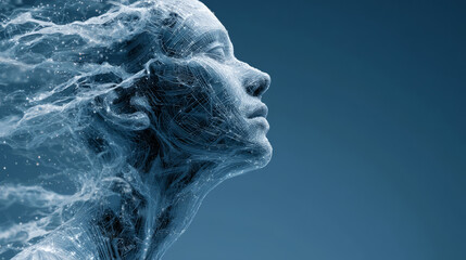 Aufkleber -  digital human head with AI technology interface and data flow on a blue background, symbolizing the integration between humans and artificial intelligence