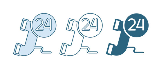 Fototapete - Blue Telephone 24 hours support icon isolated on white background. All-day customer support call-center. Full time call services. Vector