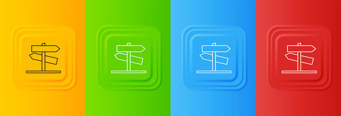 Poster - White Road traffic sign. Signpost icon isolated on colorful background. Pointer symbol. Street information sign. Direction sign. Set icons in square buttons. Vector