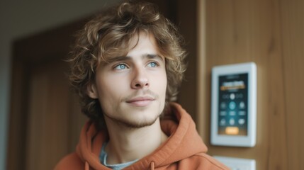 Poster - In a well-designed house, a young man with curly hair and a cozy hoodie reflects on the advantages of smart home technology, appreciating the ease it brings to daily life.