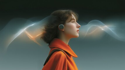 Poster - A person in a vibrant orange coat stands contemplatively, absorbed in the experience of voice control technology.