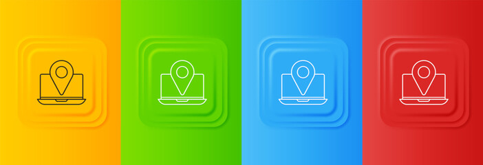 Poster - White Laptop with location marker icon isolated on colorful background. Set icons in square buttons. Vector