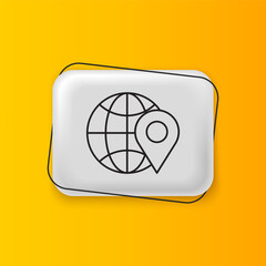 Poster - Black Location on the globe icon isolated on yellow background. World or Earth sign. Silver rectangle button. Vector