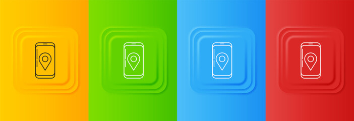 Poster - White Mobile smart phone with app delivery tracking icon isolated on colorful background. Parcel tracking. Set icons in square buttons. Vector
