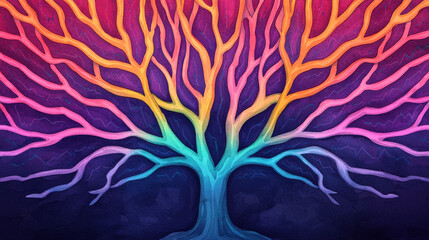 Poster - Vivid holographic tree with colorful branches radiating vibrant hues of orange, pink, and blue against dark background, creating mesmerizing visual experience