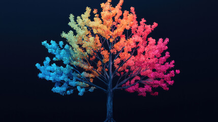 Poster - Vivid holographic tree with branches displaying spectrum of colors, transitioning from blue to orange and pink, creates mesmerizing visual experience