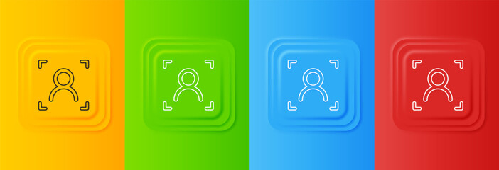Poster - White Face recognition icon isolated on colorful background. Face identification scanner icon. Facial id. Cyber security concept. Set icons in square buttons. Vector