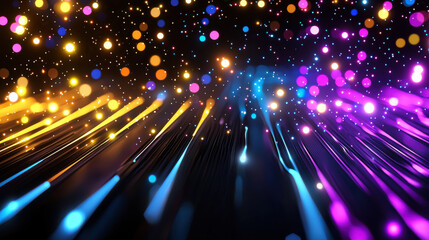 Fototapete - Vibrant glowing lines and colorful dots create mesmerizing abstract background, evoking sense of energy and movement. interplay of light and color captivates viewer imagination
