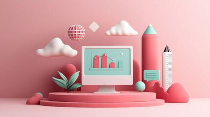Poster - Vibrant digital illustration featuring computer displaying colorful graphs, surrounded by stylized clouds, plants, and geometric shapes, creating playful and modern atmosphere
