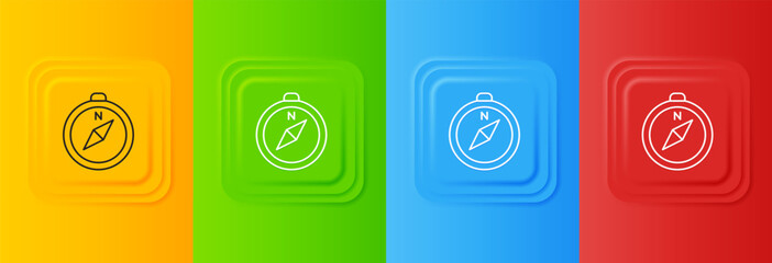 Poster - White Compass icon isolated on colorful background. Windrose navigation symbol. Wind rose sign. Set icons in square buttons. Vector