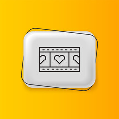 Poster - Black Play Video with heart icon isolated on yellow background. Film strip sign. Silver rectangle button. Vector
