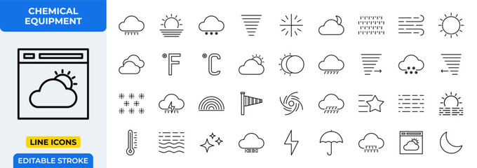 Poster - Weather Forecast Line Icons Set. Sun, cloud, rain, temperature, and wind symbols. Editable stroke vector.