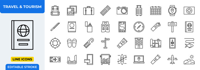 Poster - Travel & Tourism Line Icons Set. Vacation, adventure, journey, and destination symbols. Editable stroke vector.