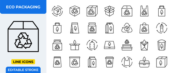 Poster - Eco Packaging Line Icons Set. Recycle, sustainable, organic, and biodegradable package symbols. Editable stroke vector.