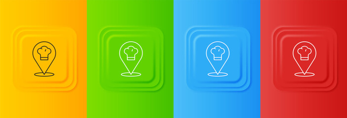 Poster - White Chef hat with location icon isolated on colorful background. Cooking symbol. Cooks hat. Set icons in square buttons. Vector