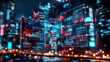 © Arumboy - Futuristic holographic business reports display vibrant data visualizations in cityscape at night, showcasing advanced technology and innovation. glowing screens reflect modern urban environment
