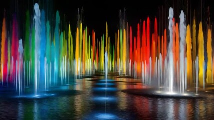 Poster - Vibrant colorful fountain with dancing water jets and enchanting lights at night in urban setting