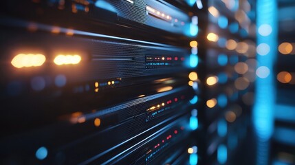 Poster - Detailed close-up of server racks with orange and blue indicator lights, ideal for visuals on cloud services, secure data systems, or advanced computing environments