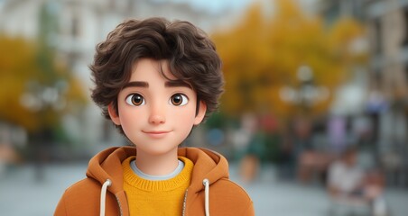 Poster - A young boy with curly hair is outdoors, wearing a hoodie and smiling while engaging with voice assistant technology. The background shows trees with autumn leaves and a lively urban atmosphere.