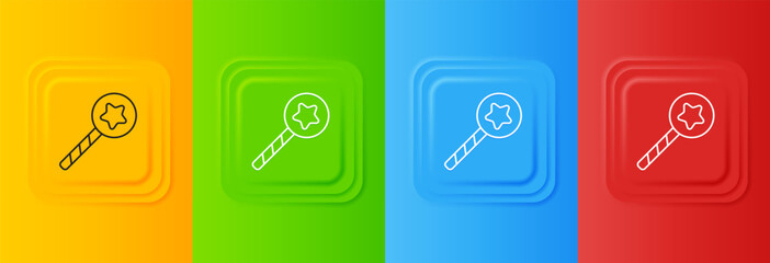 Poster - White Magic wand icon isolated on colorful background. Star shape magic accessory. Magical power. Set icons in square buttons. Vector