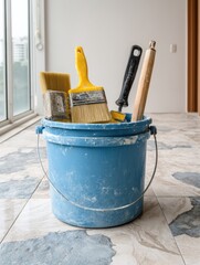 Poster - Tools and Materials for Tile Adhesive Work on Construction Site, Including Brushes and Buckets on Floor Near Window