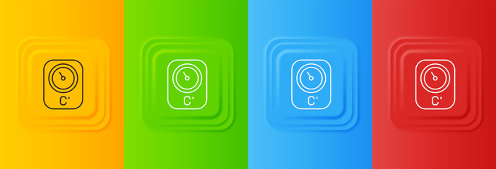 Poster - White Sauna thermometer icon isolated on colorful background. Sauna and bath equipment. Set icons in square buttons. Vector