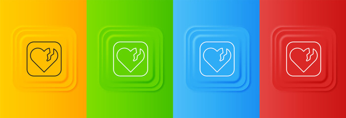 Poster - White Broken heart or divorce icon isolated on colorful background. Love symbol. Happy Valentines day. Set icons in square buttons. Vector