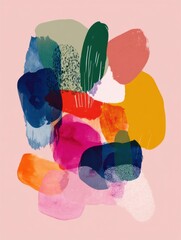 Fototapete - Colorful Abstract Shapes Layered on Soft Pink Background Create a Vibrant, Dynamic Art Piece Suitable for Modern Decor