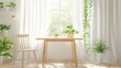© Hasriani - Sunlit room with light wood table, chair, and various potted plants near a window with sheer curtains