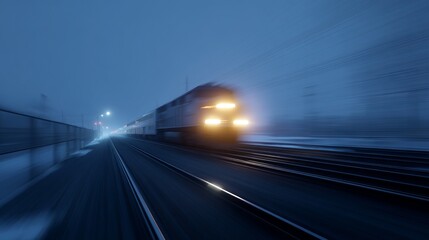 Poster - A speeding train races through a snowy landscape at dusk. The fog creates a mysterious atmosphere. Ideal for themes of motion and travel. Captivating and dynamic scene. AI