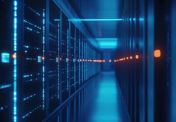 Poster - Dimly lit corridor of blue-glowing server racks with orange indicators in a secure data center, suitable for IT visuals, cloud services, and modern network infrastructure themes