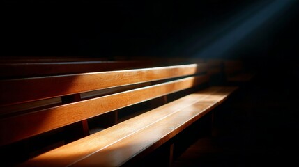 Poster - A serene wooden bench captured in soft light creates a calm atmosphere. The warm tones and shadows evoke peace and solitude. Ideal for interior design or relaxation themes. AI
