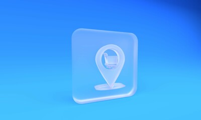 Poster - frosted glass map pointer with shopping cart icon isolated on blue background. pin point shop and sh