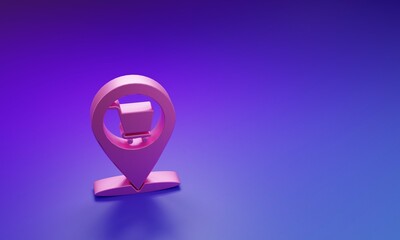 Poster - pink map pointer with shopping cart icon isolated on purple-blue background. pin point shop and shop