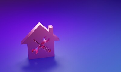 Poster - Pink House or home with screwdriver and wrench icon isolated on purple-blue background. Adjusting, service, setting, maintenance, repair, fixing. Minimalism concept. 3D render illustration