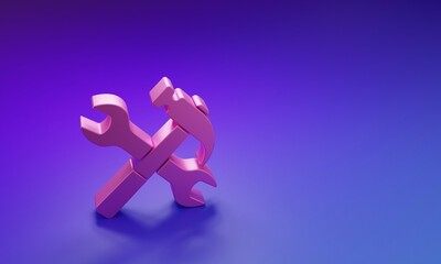 Poster - Pink Crossed hammer and wrench icon isolated on purple-blue background. Hardware tools. Minimalism concept. 3D render illustration