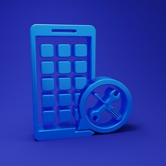 Poster - Blue Mobile Apps with screwdriver and wrench icon isolated on blue background. Adjusting, service, setting, maintenance, repair, fixing. Minimalism concept. 3D render illustration
